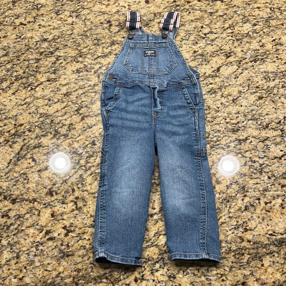 OshKosh Bgosh Kids 2T Denim Overalls Blue Carpenter Bib Pants Striped Straps